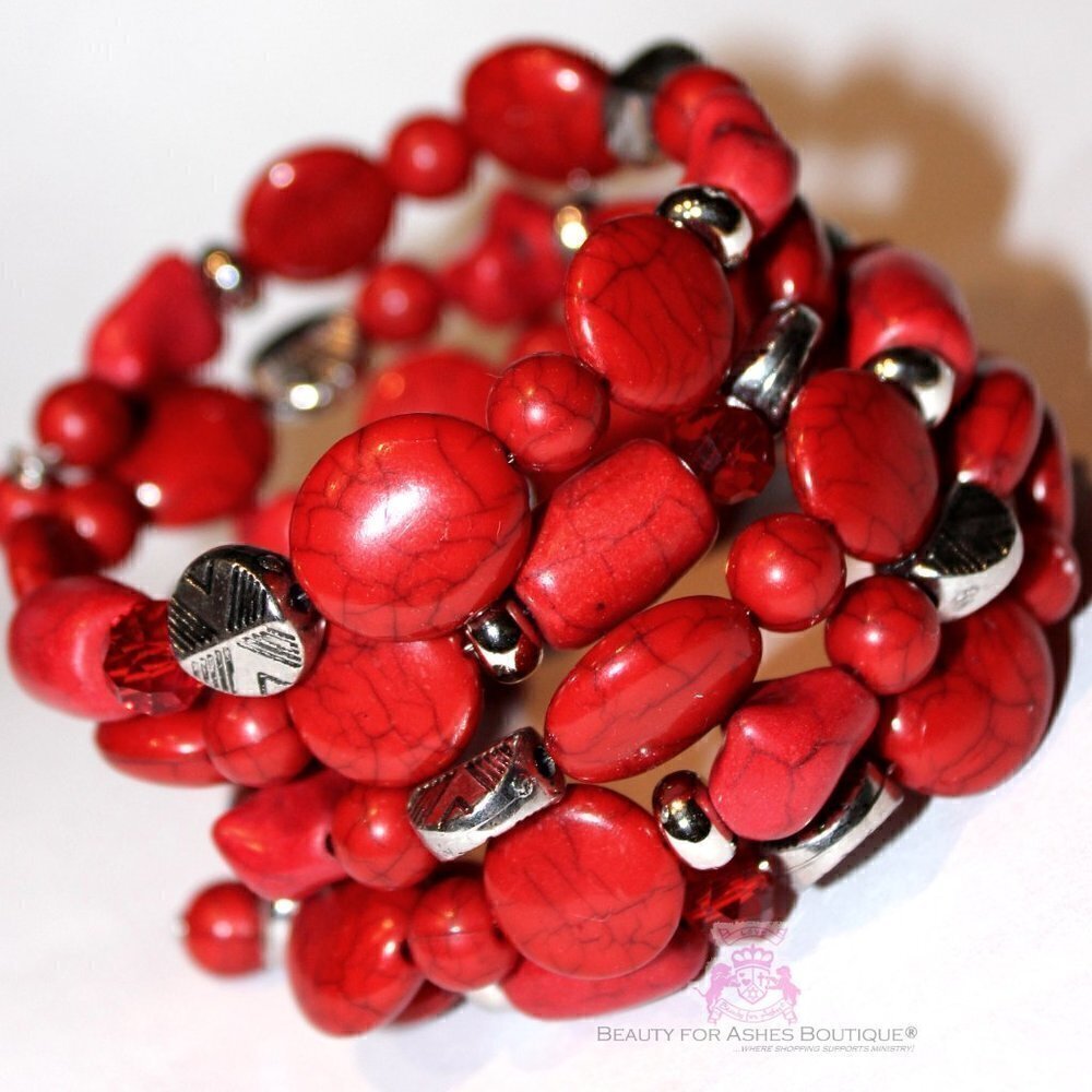 Rustic Adjustable Chunky Firecracker Faux Coral Stone Red Silver Coil Bracelet - Picture 3 of 4